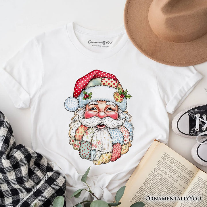 Patchwork Santa Claus T-Shirt, Retro Christmas Holiday Tee T-Shirts OrnamentallyYou White XS 
