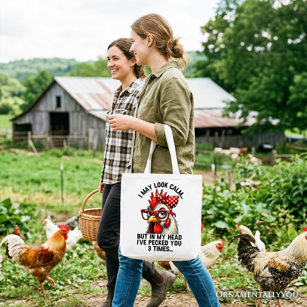 Pecking Chicken Tote Bag, Red Glasses and Bow White Gift Shopper for Sassy Women Tote Bag OrnamentallyYou 