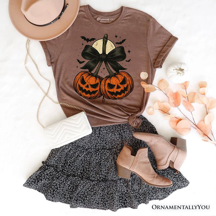 Pumpkin Cherries Coquette Bow T-Shirt, Retro Halloween Fall Season Tee for Sweet Autumn Girls T-Shirts OrnamentallyYou Vintage Brwon XS 