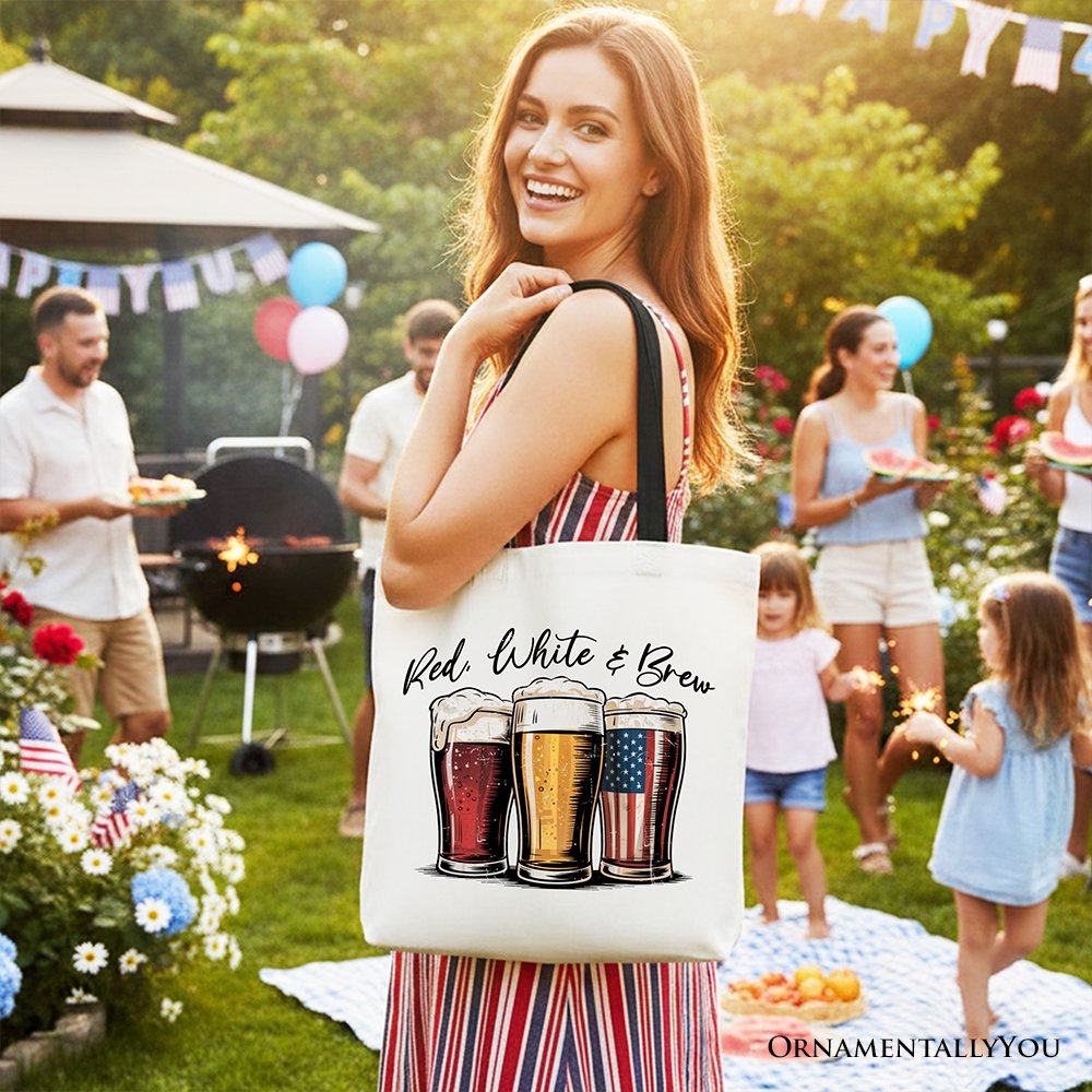 Red White and Brew Beer American Tote Bag, Patriotic USA 4th of July Gift Shopper Tote Bag OrnamentallyYou 