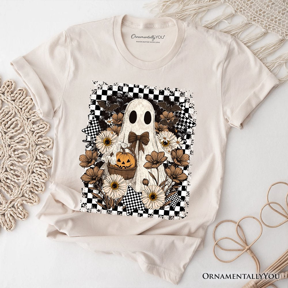 Retro Ghost Floral Halloween T-Shirt, Spooky Vintage Checkered Tee T-Shirts OrnamentallyYou Natural XS 