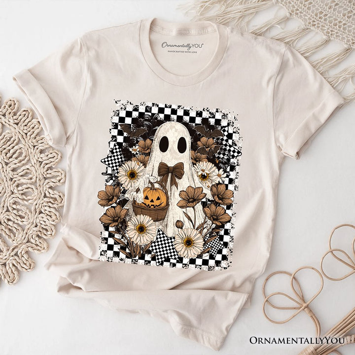 Retro Ghost Floral Halloween T-Shirt, Spooky Vintage Checkered Tee T-Shirts OrnamentallyYou Natural XS 