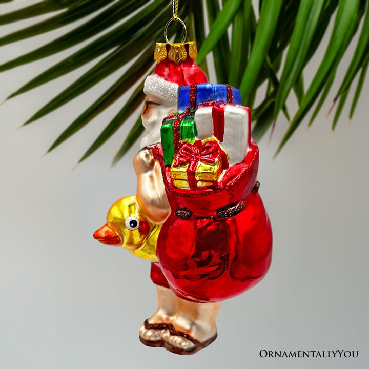 (Pre-Order) Santa on Summer Vacation in the Pool Quirky Glass Christmas Ornament, Rubber Duckey Tropical Holiday Decor Glass Ornament OrnamentallyYou 