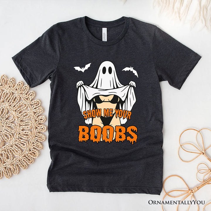 Show Me Your Boobs Halloween T-Shirt, Funny Naughty Pun Ghost Tee for Adults T-Shirts OrnamentallyYou Gray XS 