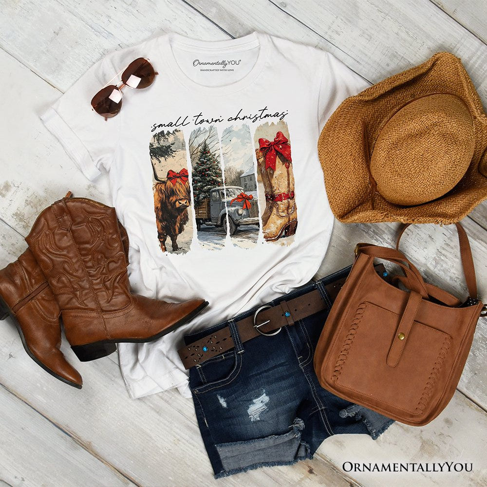 Small Town Christmas T‑Shirt, Highland Cow Rustic Western Cowgirl Holiday Tee T-Shirts OrnamentallyYou White XS 