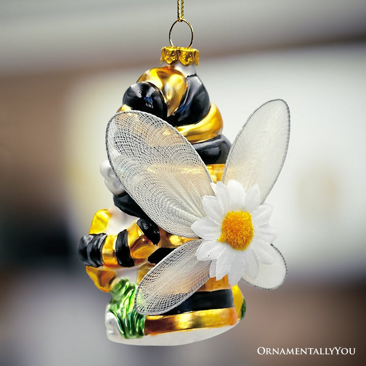 (Pre-Order) Sparkling Bee Gnome Glass Christmas Ornament, Bumblebee Themed Holiday Decor Glass Ornament OrnamentallyYou 