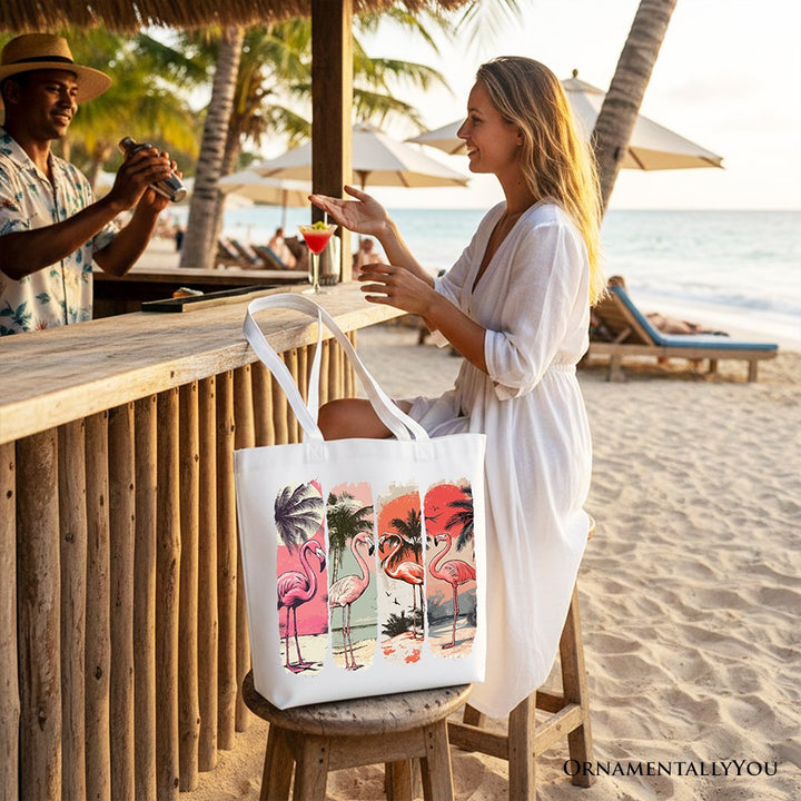 Summer Flamingo Beach Canvas Tote Bag, Retro Vacation Tropical Sunset Gift Shopper Tote Bag OrnamentallyYou 