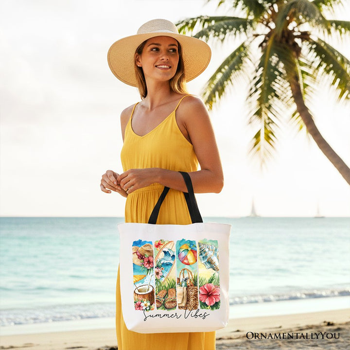 Summer Vibes Canvas Tote Bag, Beach Gift Shopper with Coconut and Flowers Tote Bag OrnamentallyYou 