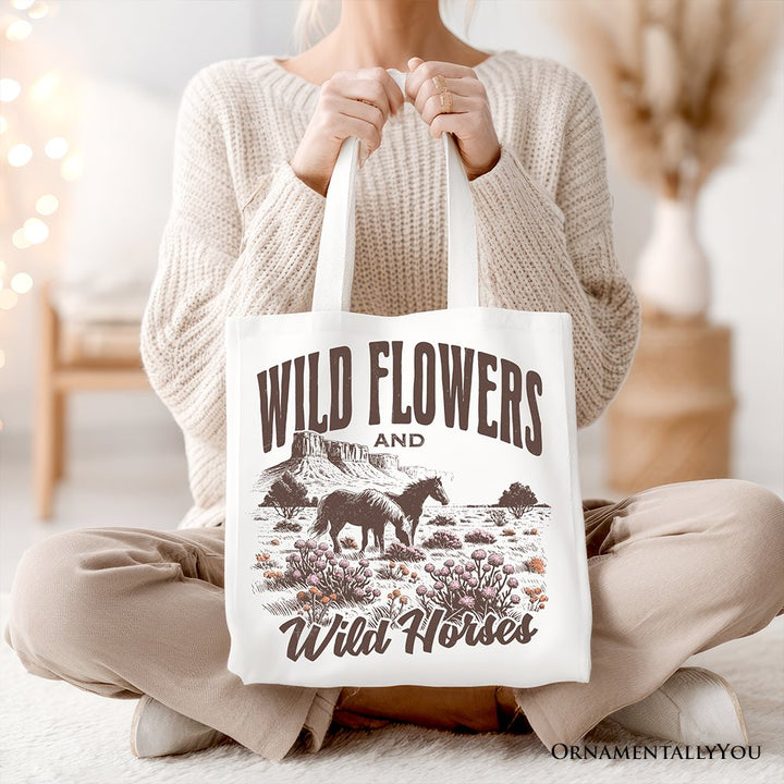 Wild Flowers and Wild Horses Canvas Tote Bag, Retro Western Gift for Free-Spirited Women Tote Bag OrnamentallyYou White 