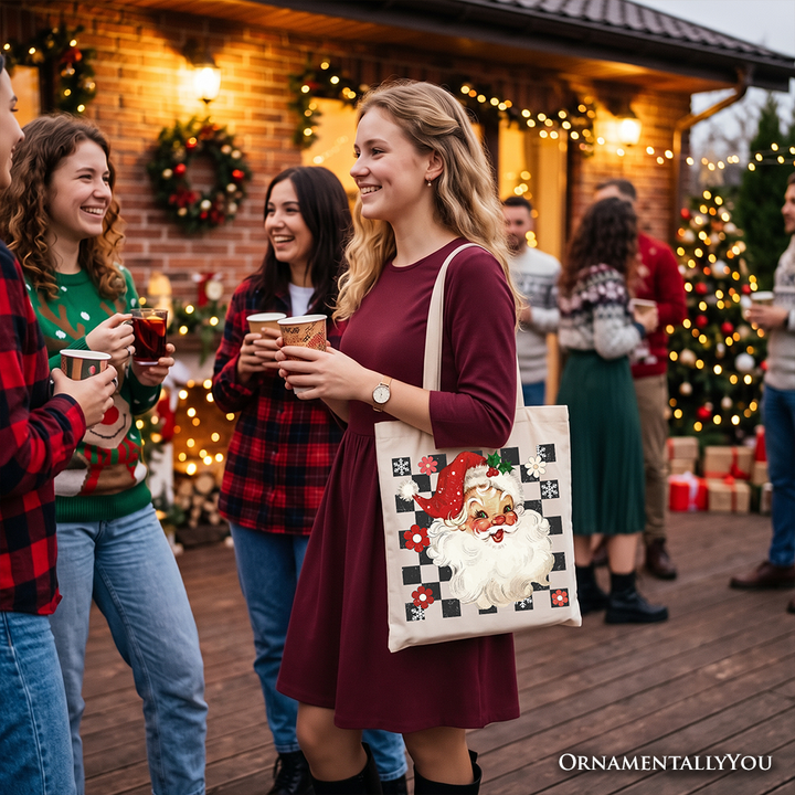Checkered Santa Claus Vintage Tote Bag, Retro Merry Christmas Gift Shopper