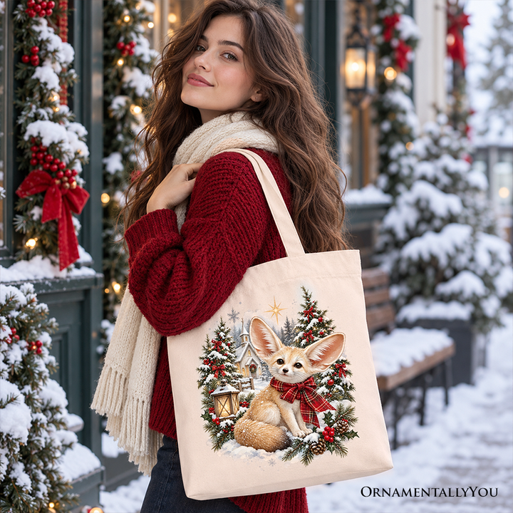 Church Fennec Fox Christmas Tote Bag, Winter Holiday Animal Gift Shopper