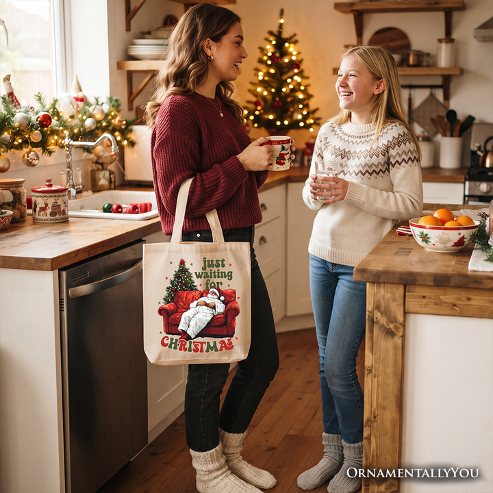 Funny Fat Santa Couch Tote Bag, Just Waiting for Christmas Gift Shopper for Lazy Holiday Season