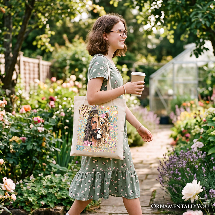 Lion of Judah Christian Tote Bag, Floral Jesus Religious Faith Gift Shopper