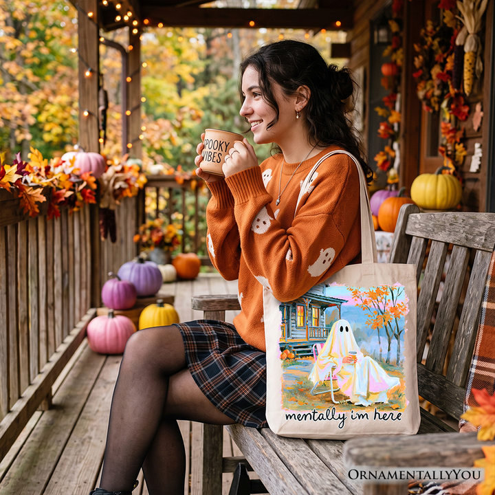 Mentally I’m Here Ghost Tote Bag, Cozy Fall Halloween Cabin Gift Shopper