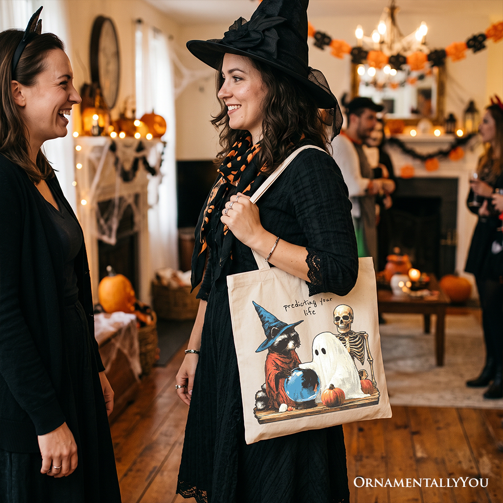 Predicting Your Life Witch Racoon Tote Bag, Vintage Halloween Ghost Skeleton Fortune Teller Gift Shopper