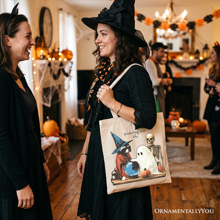 Predicting Your Life Witch Racoon Tote Bag, Vintage Halloween Ghost Skeleton Fortune Teller Gift Shopper