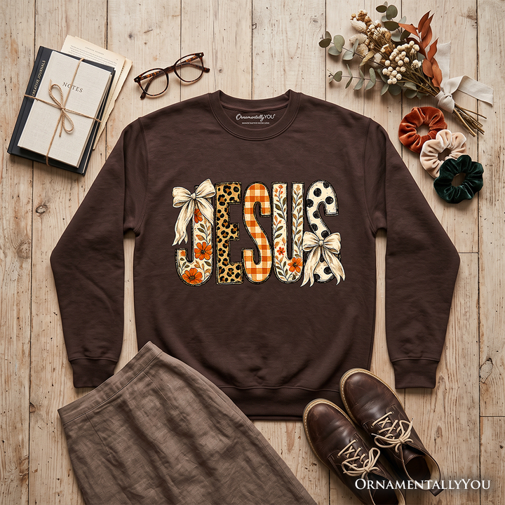 Jesus Coquette Fall Sweatshirt, Leopard Plaid Floral Christian Faith Sweater