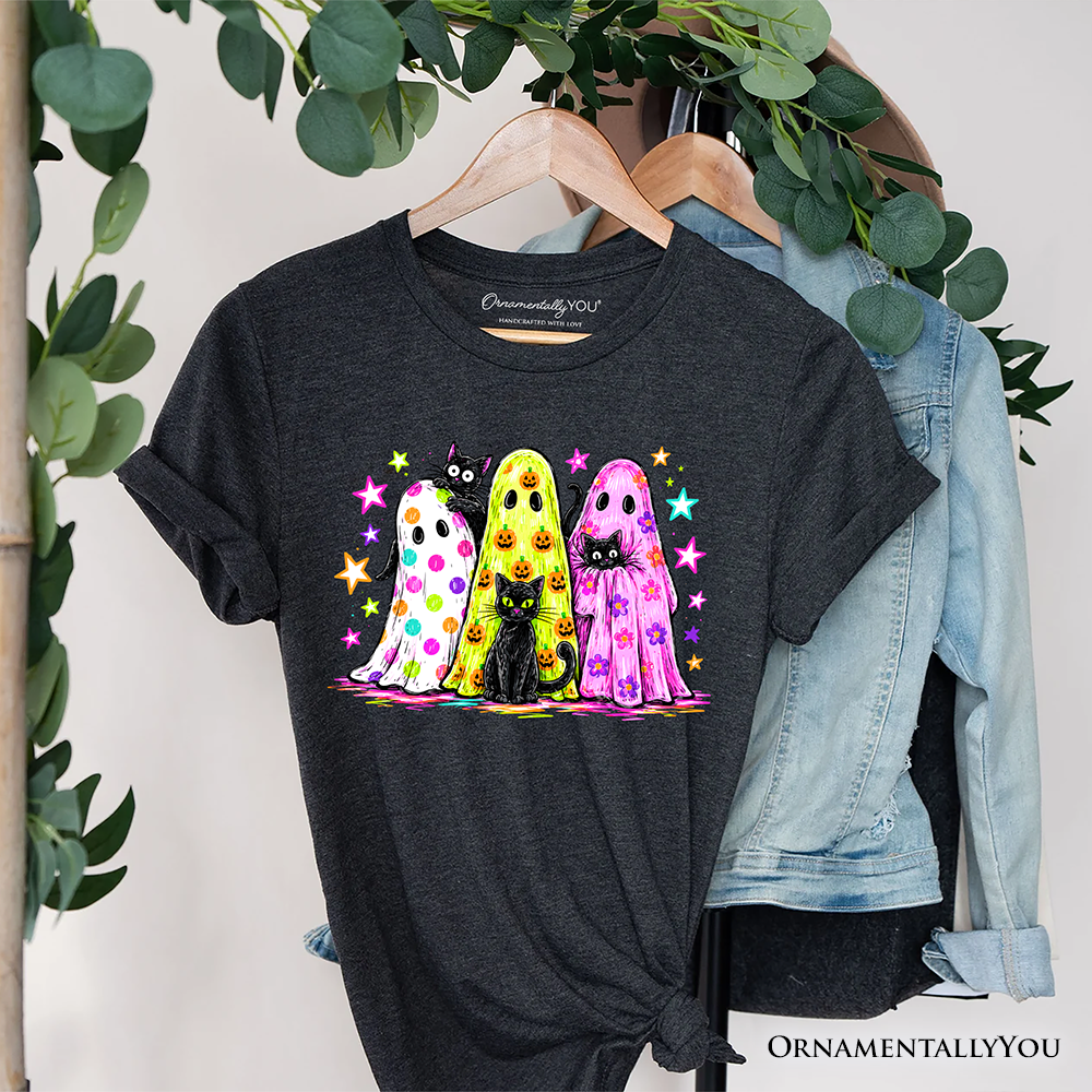 Colorful Ghosts and Black Cats T-Shirt, Neon Halloween Spooky Season Tee