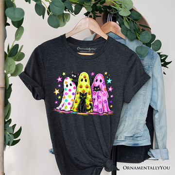 Colorful Ghosts and Black Cats T-Shirt, Neon Halloween Spooky Season Tee