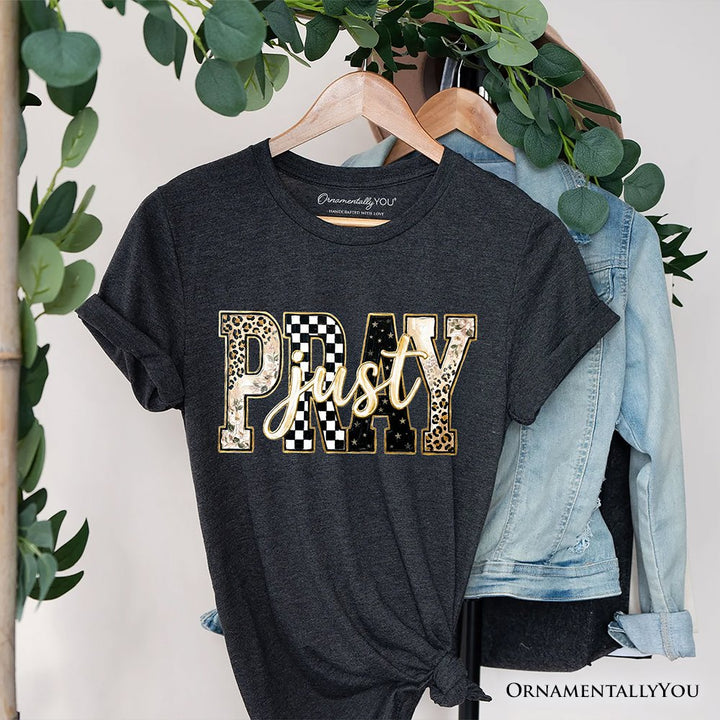 Just Pray Christian Varsity T-Shirt, Retro Leopard Checkered Faith Tee T-Shirts OrnamentallyYou Dark Gray XS 
