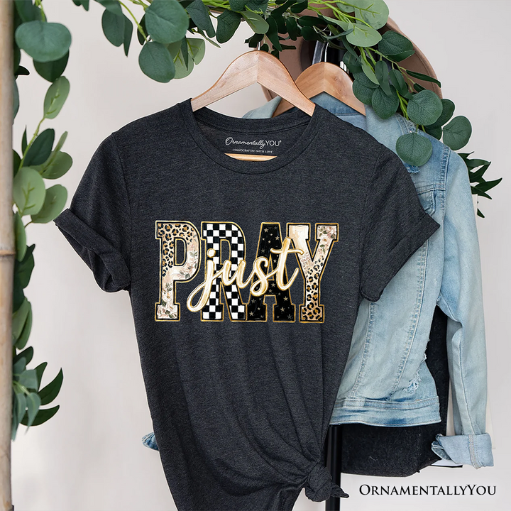 Just Pray Christian Varsity T-Shirt, Retro Leopard Checkered Faith Tee
