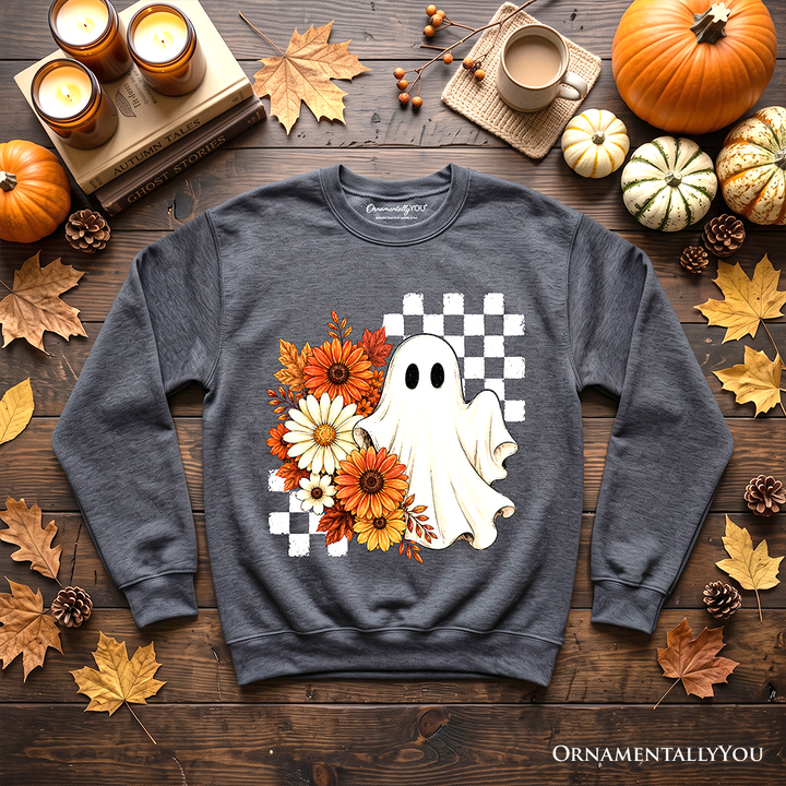 Checkered Floral Ghost Sweatshirt, Vintage Fall Halloween Daisy Sweater