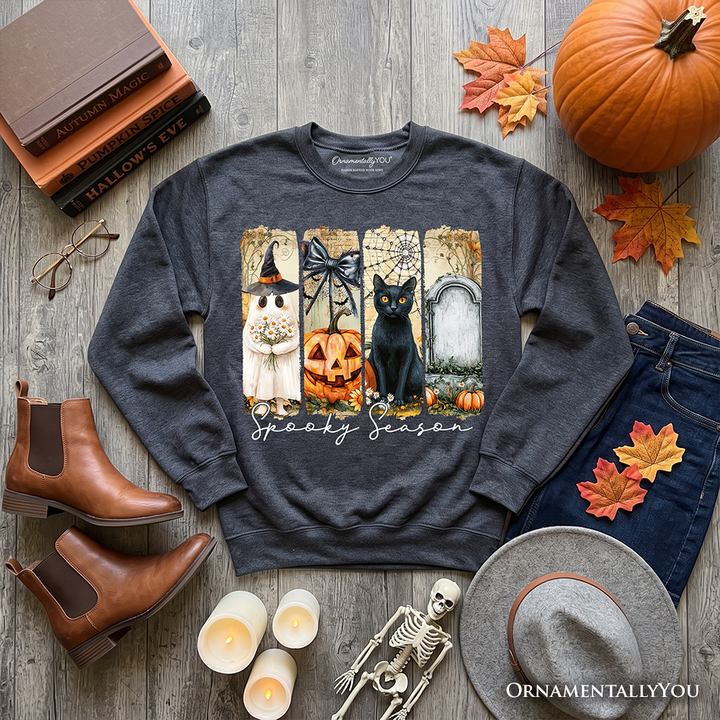 Fall Spooky Season Brushstroke Sweatshirt, Coquette Vintage Ghost, Cat and Pumpkin Sweater