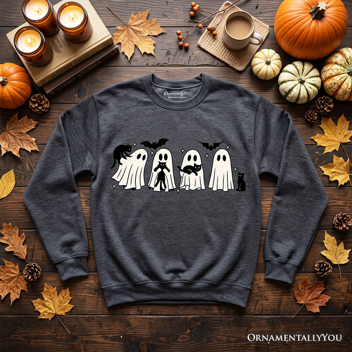 Ghosts and Cats Spooky Sweatshirt, Whimsical Halloween Sweater for Cozy Autumn Season