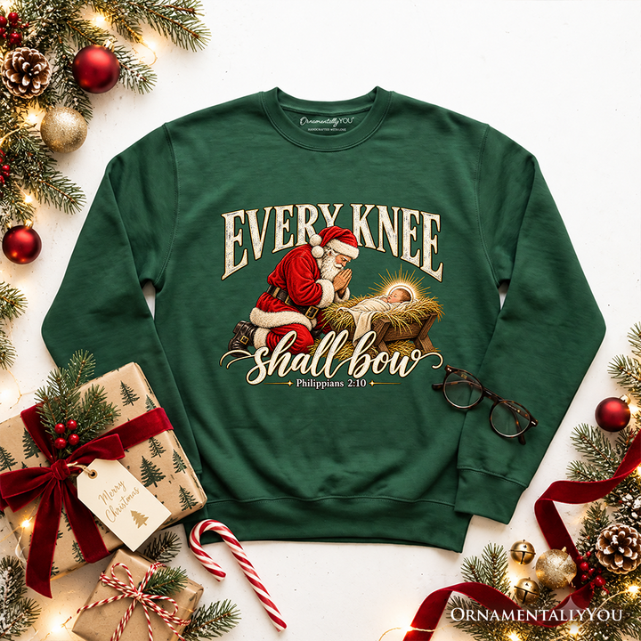 Every Knee Shall Bow Christmas Christian Sweatshirt, Santa Nativity Faith Sweater