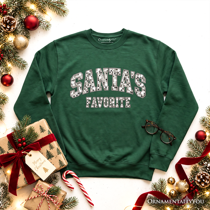 Santa's Favorite Faux Mirrored Christmas Sweatshirt, Disco Sparkle Holiday Sweater