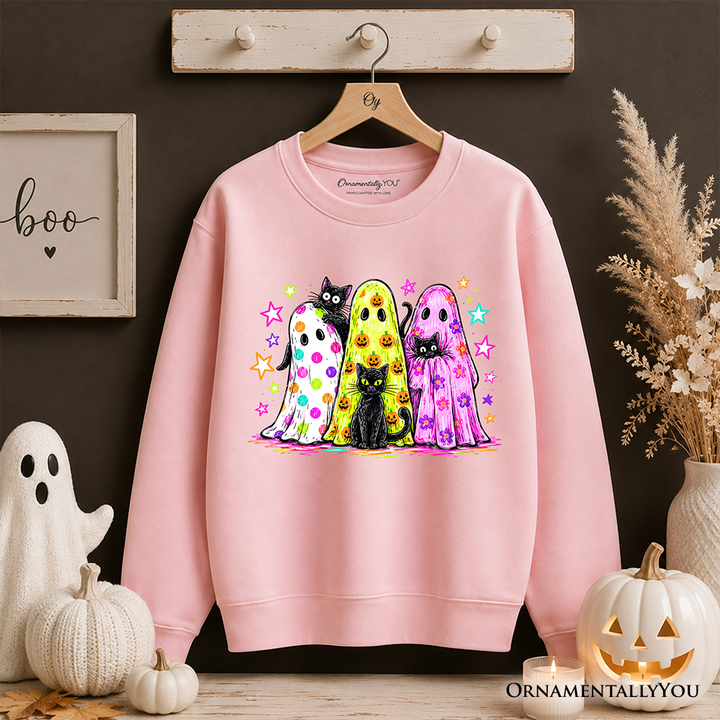 Colorful Ghosts and Black Cats Sweatshirt, Neon Halloween Spooky Season Sweater