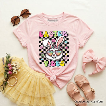 Kids Retro Easter Bunny Sunglasses T-Shirt, Groovy Youth Checkered Tee Kid's T-Shirts OrnamentallyYou Light Pink XS 