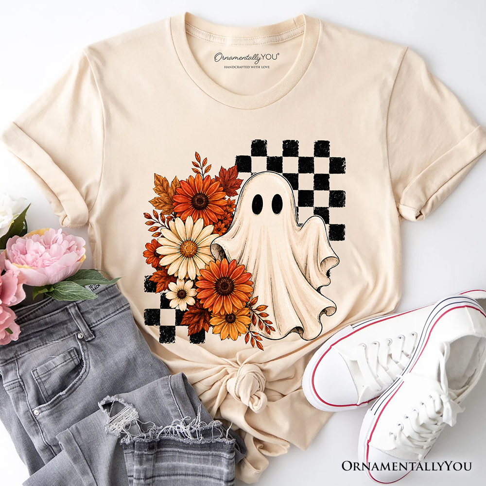 Checkered Floral Ghost T-Shirt, Vintage Fall Halloween Daisy Tee