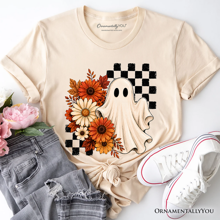Checkered Floral Ghost T-Shirt, Vintage Fall Halloween Daisy Tee