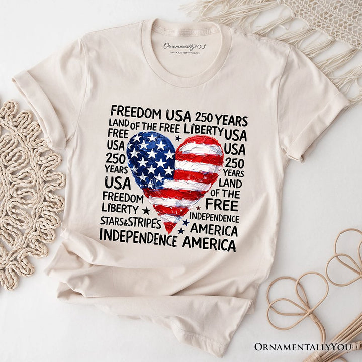 USA 250 Heart Patriotic T-Shirt, Retro 4th of July Tee T-Shirts OrnamentallyYou Natural XS 