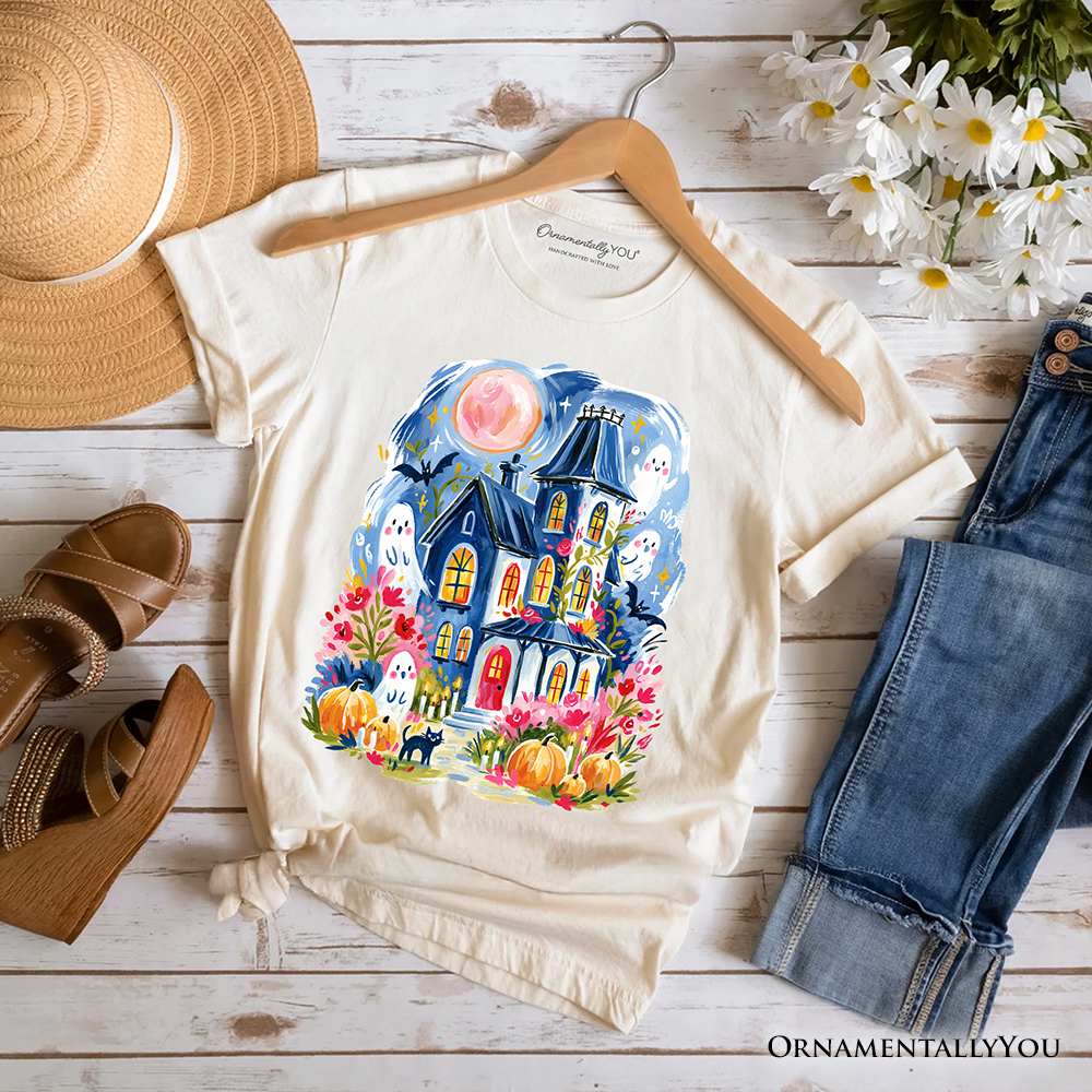 Watercolor Haunted House T-Shirt, Colorful Ghost Pumpkin Halloween Tee