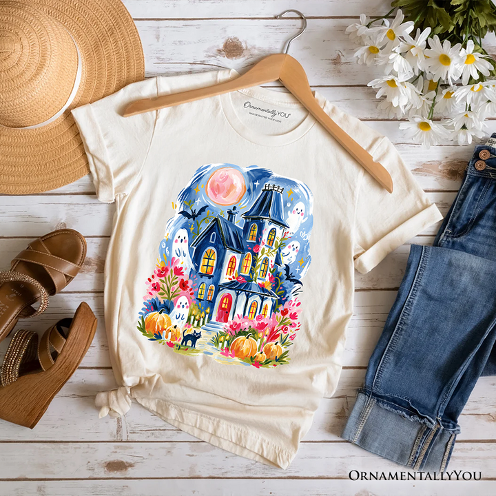 Watercolor Haunted House T-Shirt, Colorful Ghost Pumpkin Halloween Tee