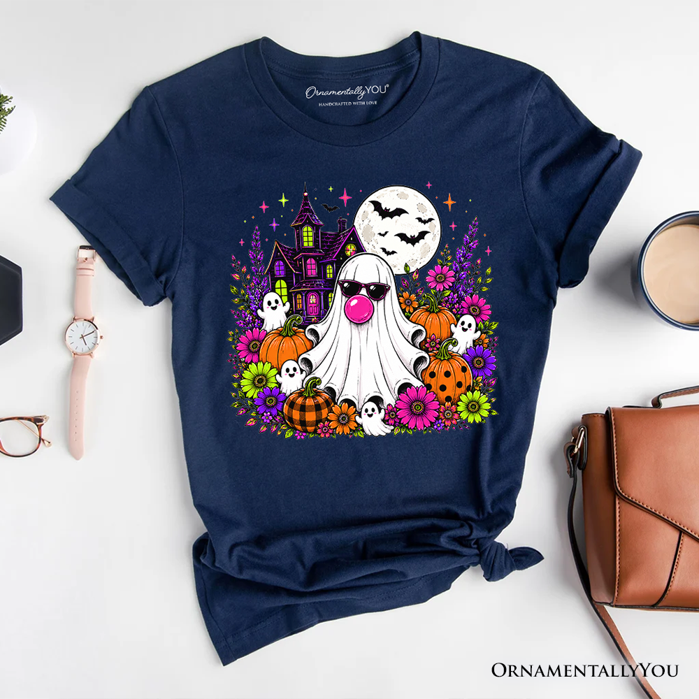 Bubblegum Ghost Haunted House T-Shirt, Colorful Floral Halloween Pumpkin Tee