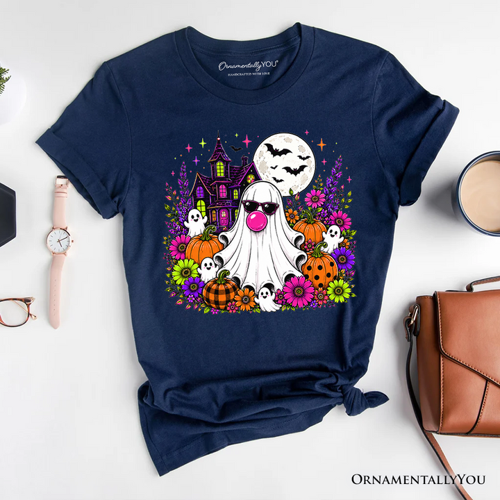 Bubblegum Ghost Haunted House T-Shirt, Colorful Floral Halloween Pumpkin Tee