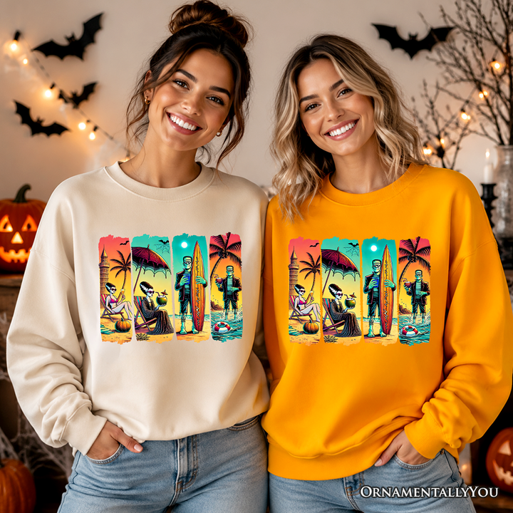 Frankenstein's Beach Vacation Sweatshirt, Retro Neon Surf Style Sweater for Horror Fans with Summer Vibes