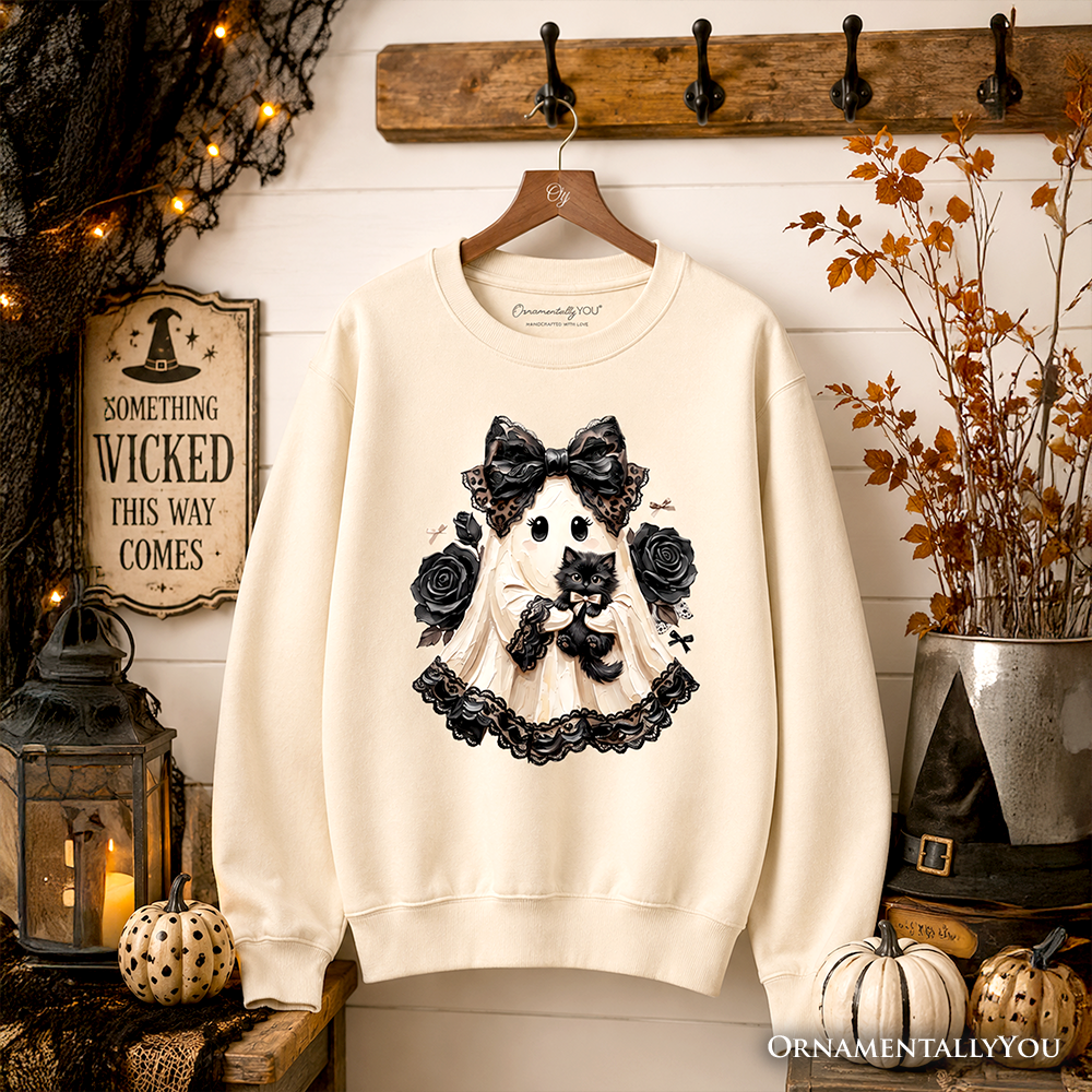Gothic Ghost with Black Cat Sweatshirt, Black Rose Coquette Halloween Sweater