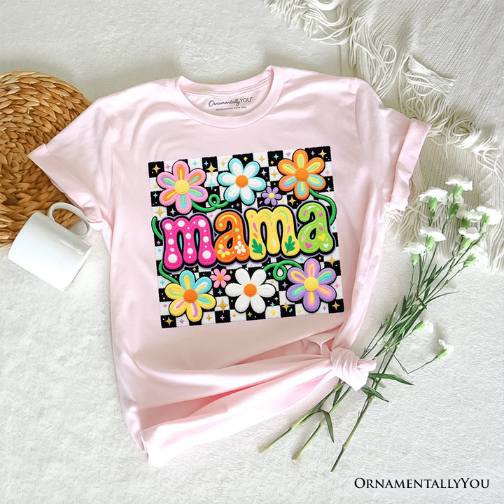 Retro Floral Mama Printed Faux Yarn T-Shirt, Colorful Mother's Day Tee