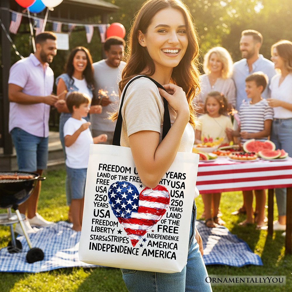 USA 250 Heart Patriotic Tote Bag, Retro 4th of July Gift Shopper Tote Bag OrnamentallyYou 