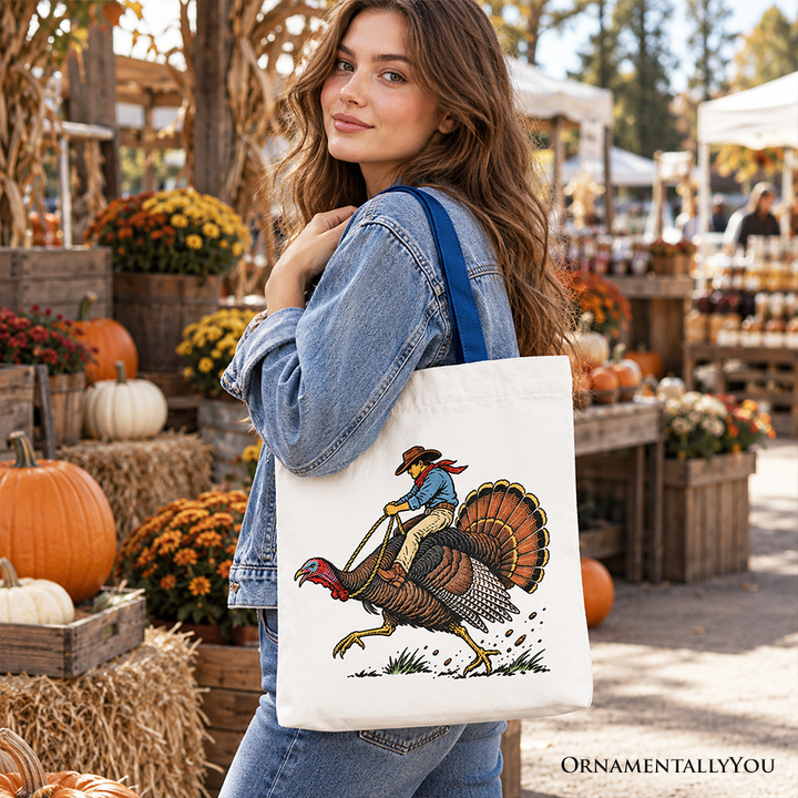 Turkey Rodeo Cowboy Thanksgiving Tote Bag, Funny Western Fall Gift Shopper