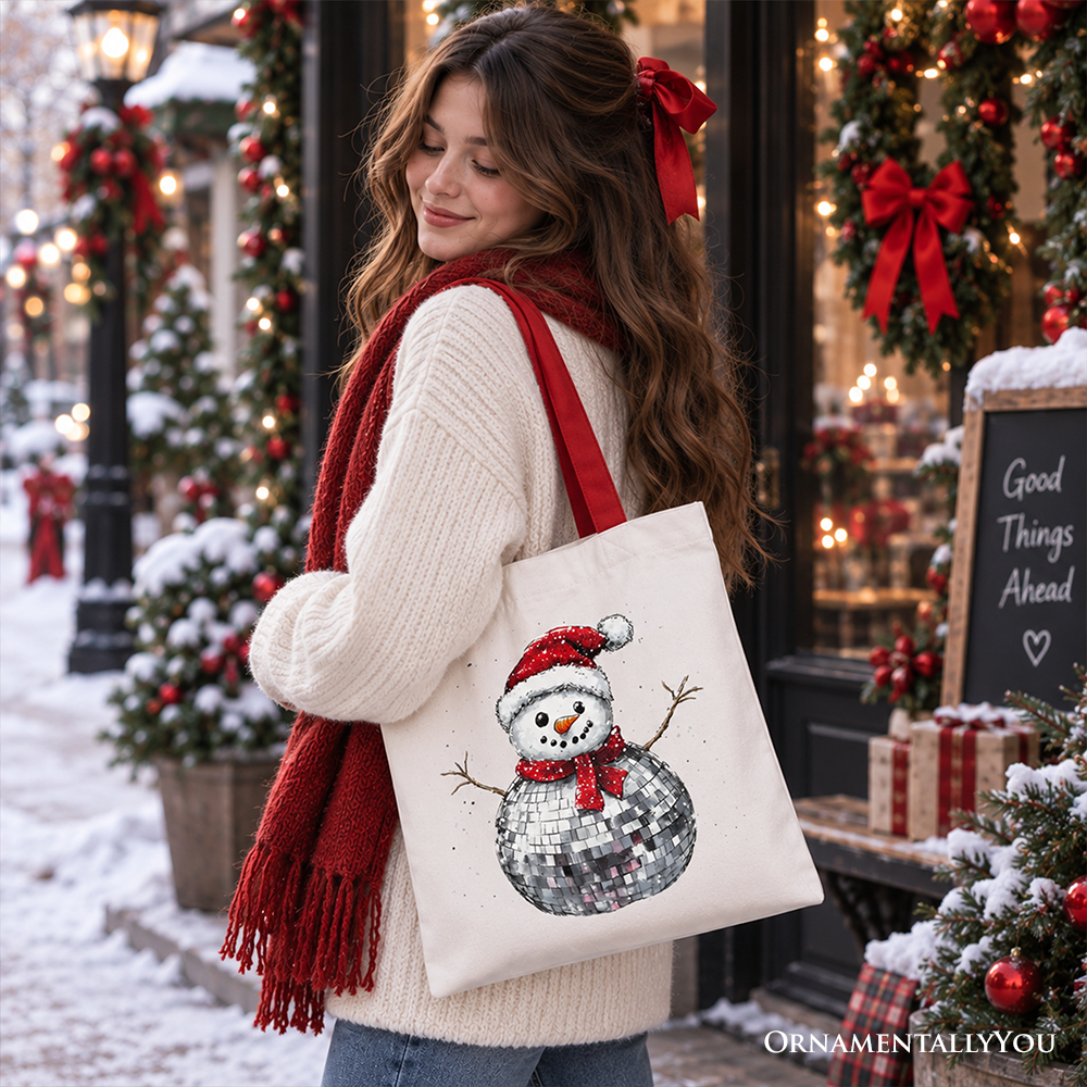 Disco Snowman Christmas Tote Bag, Retro Holiday Gift Shopper for Dancers