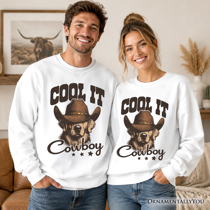 Cool It Cowboy Sweatshirt With Western Dog, Retro Golden Retriever White and Natural Sweater for Country Lover