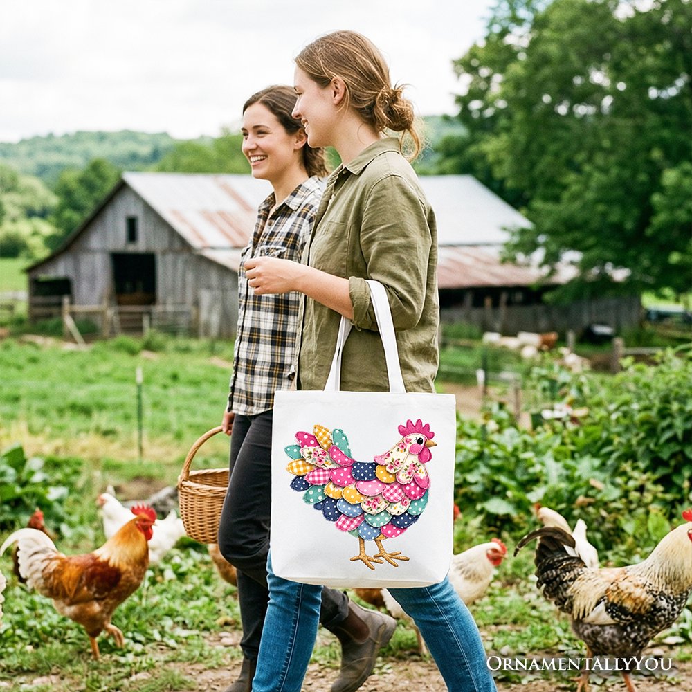 Floral Chicken Printed Faux Patchwork Tote Bag, Coquette Hen Farmhouse Gift Shopper Tote Bag OrnamentallyYou 