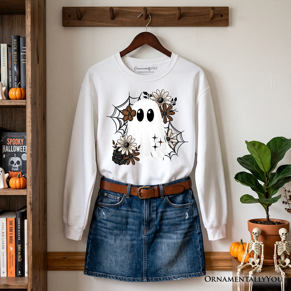 Floral Ghost Sweatshirt, Neutral Boho Halloween Spider Web Sweater