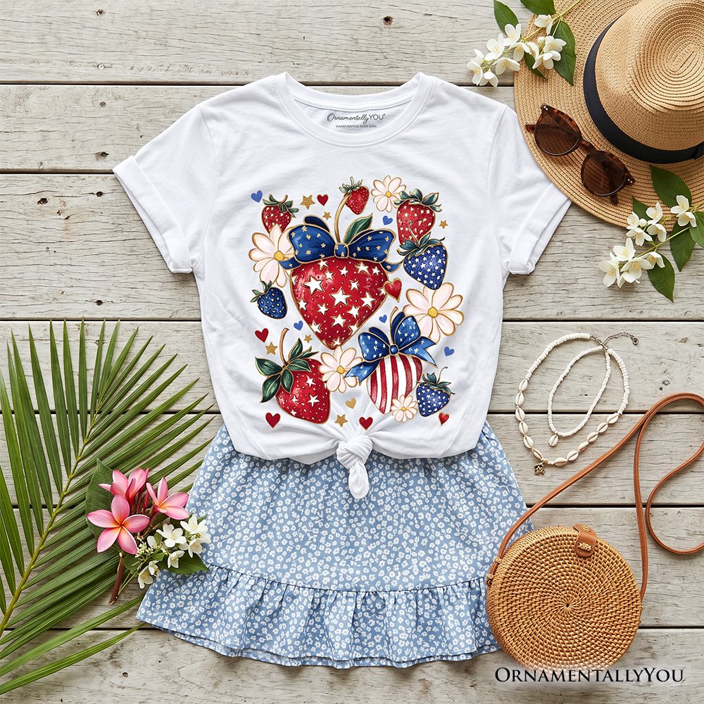 Kids Patriotic Boho Strawberries Bouquet T-Shirt, Youth 4th of July Festive Patch Tee Kid's T-Shirts OrnamentallyYou White XS 