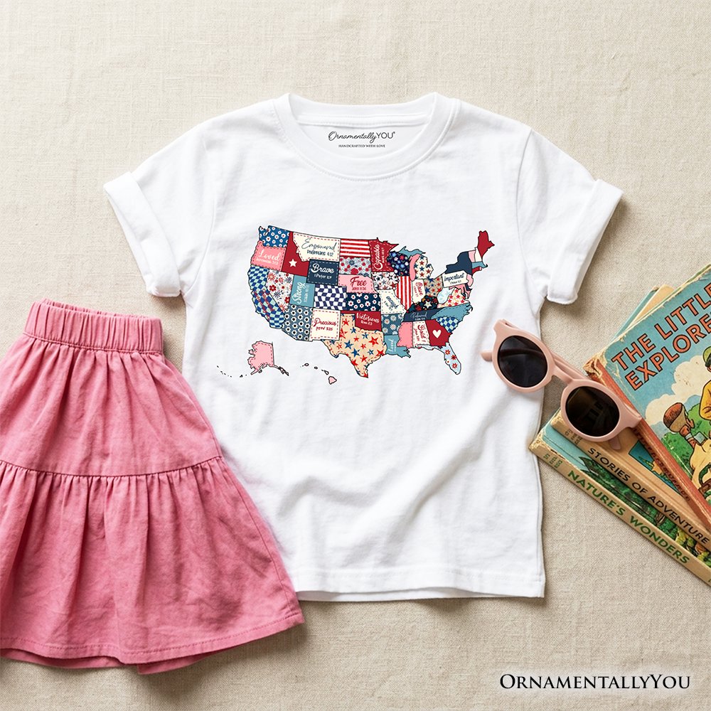 Kids Patriotic Patchwork USA T-Shirt, Quilted Map Youth Tee for American Fans Kid's T-Shirts OrnamentallyYou White XS 